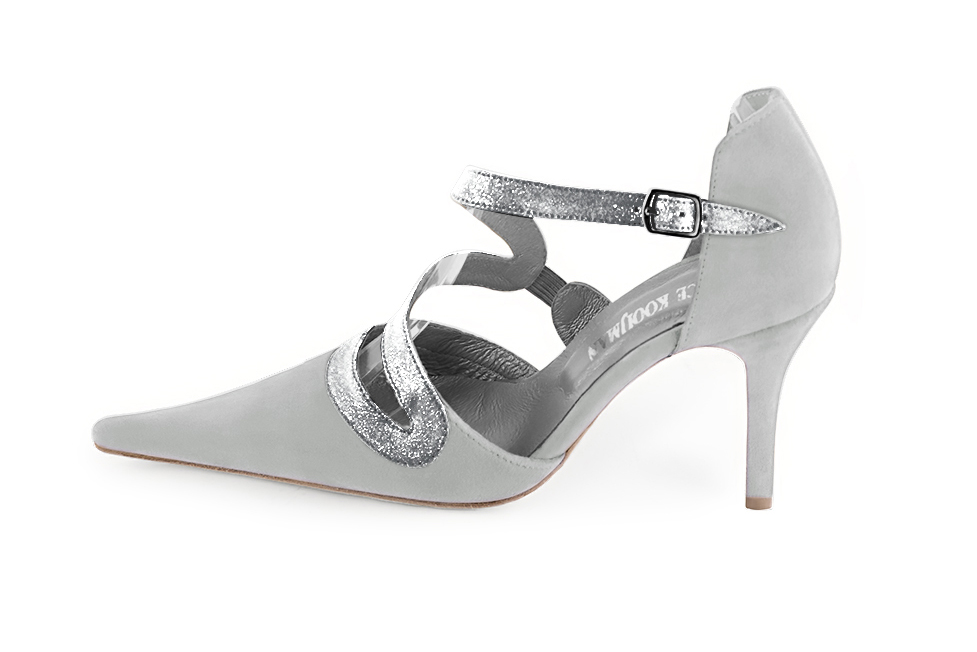 Pearl grey and silver open side elegant shoes, with snake-shaped straps. Pointed toe. High slim heel. - Florence KOOIJMAN